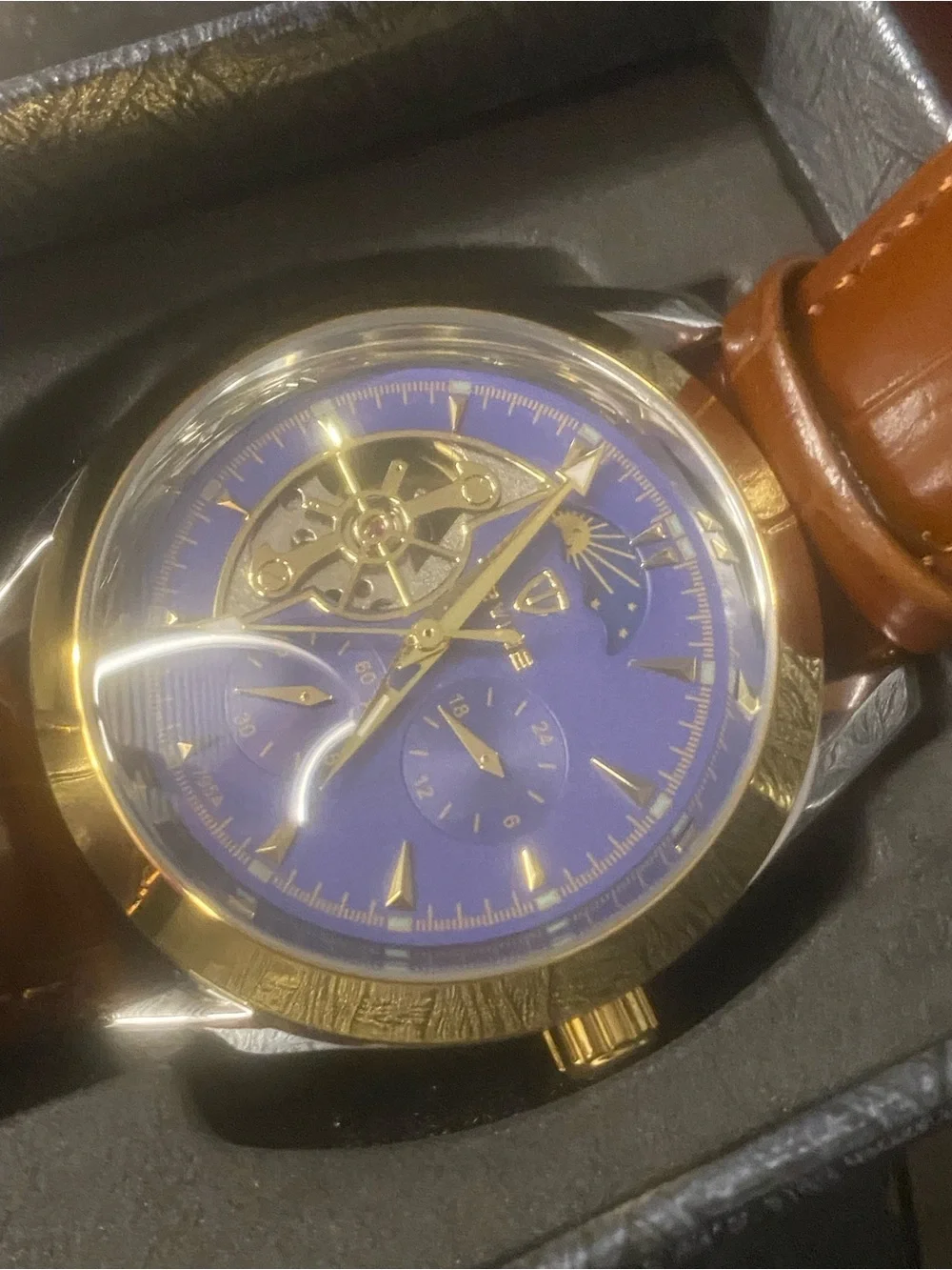 New Blue Dial Gold-Tone Skeleton Accent Watch with Brown Leather Strap